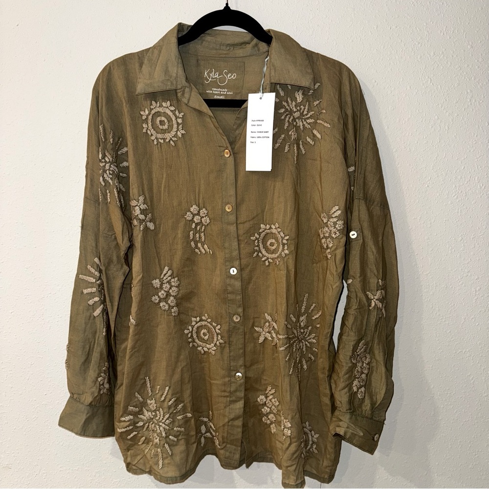 NWT anthropologie Kyla Seo 100% cotton handmade embroidered green ember shirt sm
